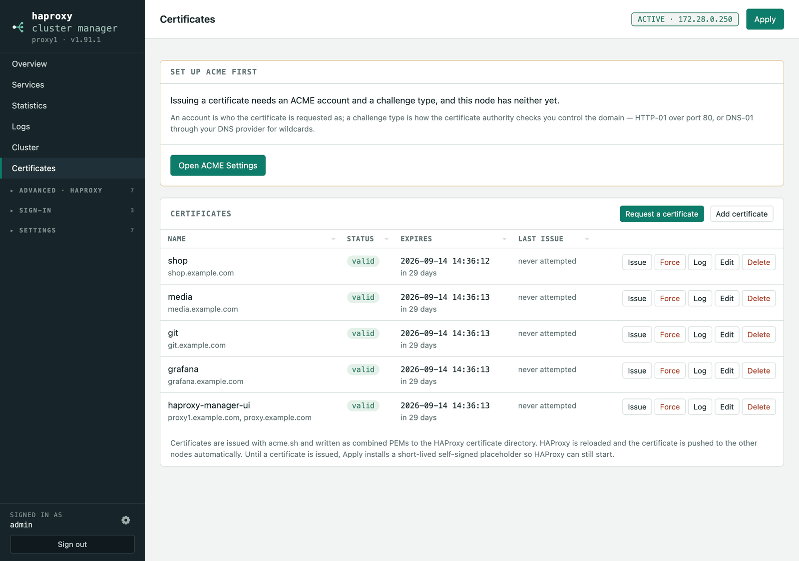 The Certificates page