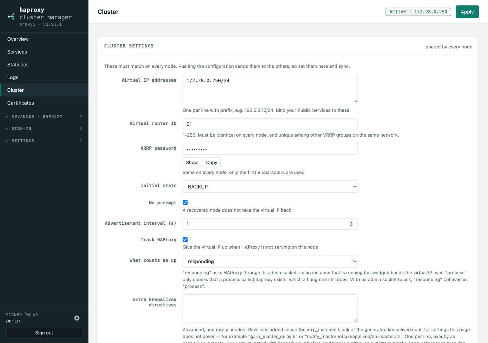 Cluster settings
