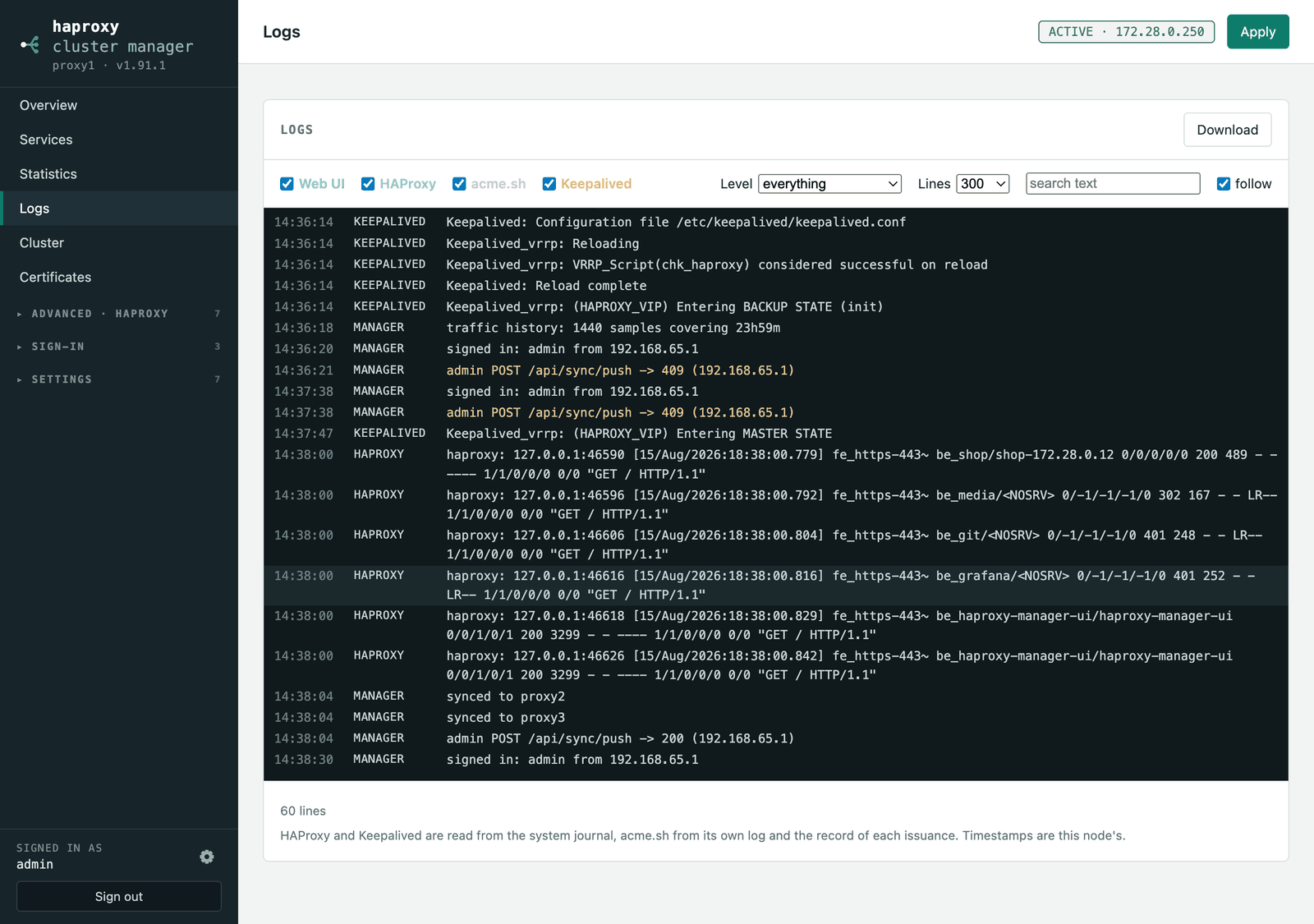 The Logs page