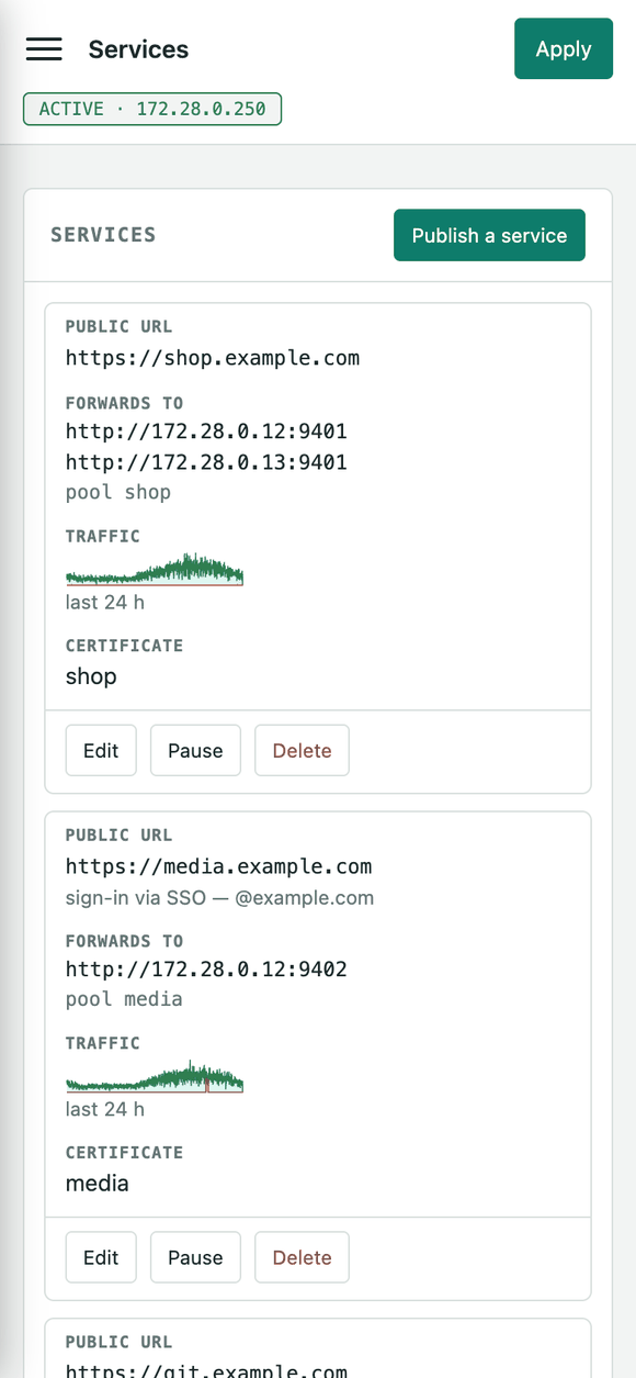 The Services page on a phone