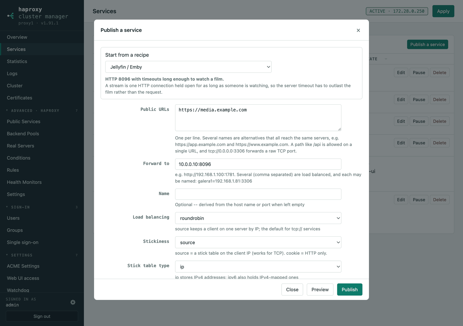 The publish wizard with a recipe chosen